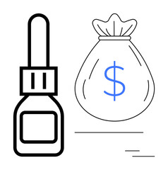Eyedropper bottle next to money bag with dollar sign. Ideal for topics thumbs up healthcare cost, investment, medication pricing, pharmacy, finance, wellness, or budgeting. Simple flat metaphor