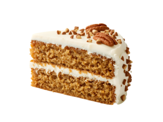 Sweet Indulgence: A delectable slice of carrot cake, topped with creamy frosting and delightful pecans, inviting you to savor every bite.
