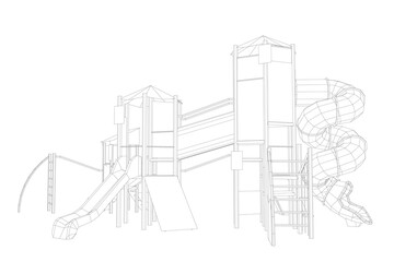 Wooden playground structure with a slide and ladder. This wireframe sketch features on a white background for kids. Vector illustration.