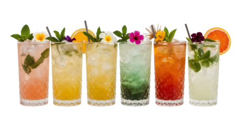 Refreshing Summer Cocktail: A vibrant array of refreshing cocktails, garnished with fresh fruits, herbs, and vibrant edible flowers, ready to quench thirst and elevate any occasion.
