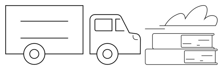 Box truck beside stacked books and a cloud suggests delivery of knowledge, online learning, education networks, logistics, publishing, cloud storage, and digital access in a simple flat metaphor