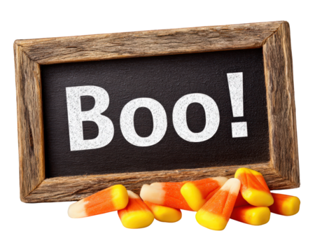 Spooky halloween boo chalkboard sign with candy corn decoration. fun, festive, and scary design element for an autumn holiday celebration, giving off playful feeling