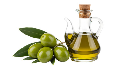 A Fresh Green Olives with Olive Oil in Glass Bottle a Organic Extra Virgin Olive Oil Isolated on White Background