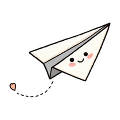 Cute doodle of happy paper plane with kawaii face flying. This charming clipart illustration shows lovely trail ending with heart, symbolizing message of love
