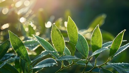 Fototapeta premium Dewdrops On Lush Green Leaves In Soft Morning Light