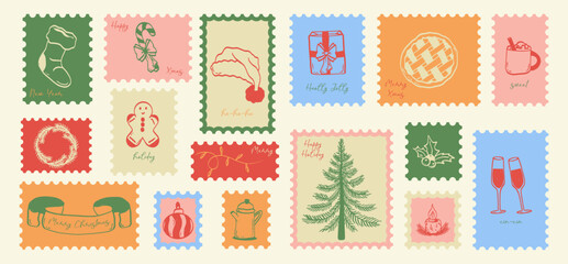 Vintage set hand drawn Christmas stickers and postmark. Xmas celebration stamps. Vector.