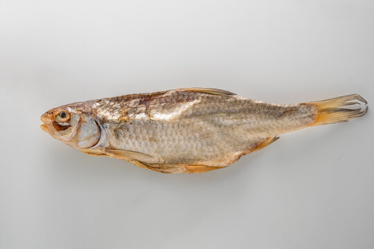 Dried fish showcasing preserved texture and color on a neutral background - taranka