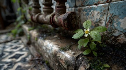 Fototapeta premium Interior of an abandoned, derelict room shows decaying walls, peeling paint, heavily rusted pipes, and water-damaged, stained tiles.