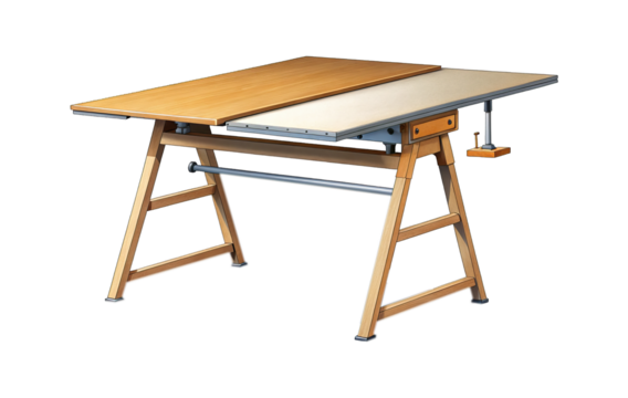 Illustration of a wooden drafting table with adjustable height and drawing surfaces