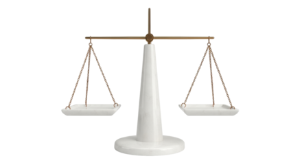 Isolated balance scales of justice, marble stand and brass elements for law and measurement
