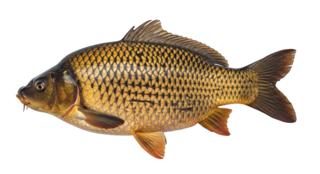 Isolated large adult carp with scales; a healthy fish popular in aquaculture and angling
