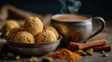 Round Indian laddoo sweets with spices and cinnamon sticks beside hot tea on dark background Concept of cozy festive Indian culture