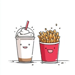 Cute doodle of milkshake and french fries with smiling faces on white background Concept of friendship and fun food illustration