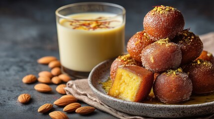Traditional Indian sweets gulab jamun and barfi with almonds served with saffron milk on dark rustic table Concept of authentic Indian dessert culture