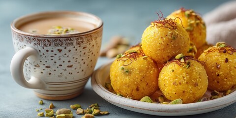 Indian laddoo sweets with chai tea served on blue rustic table with pistachio garnish Concept of cozy homemade Indian dessert moment
