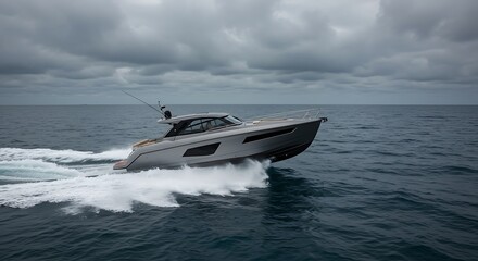 Modern motor yacht speeding across the ocean under a dramatic cloudy sky