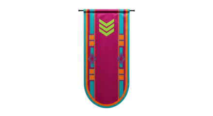 Isolated decorative banner flag, ornate, maroon, teal, orange, three green chevron shapes