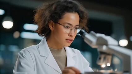 Lab technician carefully examining holographic blood analysis while displaying thoughtful expressions, symbolizing meticulous research, augmented reality integration, and human-AI cooperation in