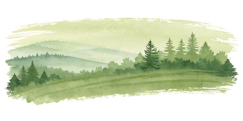 Fototapeta premium Misty green forest landscape painted in watercolor style