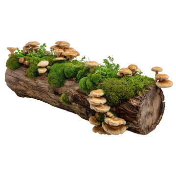 Serene fallen log covered with lush green moss and wild brown mushroom. An organic, isolated woodland element showcasing natural forest decay on transparency background