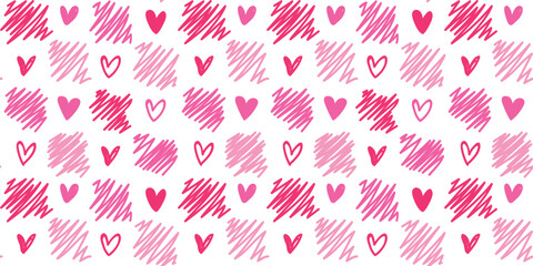 Cute doodle heart seamless pattern, red and pink love texture for background, stationery, packaging and textile design