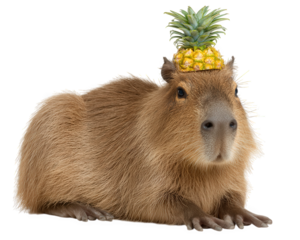 Funny cute capybara rodent balancing small pineapple on its head. This quirky animal appears very calm and content, creating humorous and whimsical isolated image