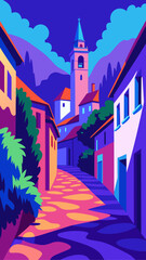 Naklejka premium Illustration of a narrow street with a church tower