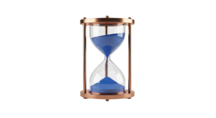 Isolated hourglass filled with blue sand against a neutral backdrop, representing time ticking