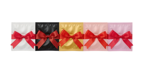 Gift Package Ensemble: A captivating arrangement of color-coordinated gift packages, each elegantly adorned with a vibrant red bow, symbolizing thoughtfulness, and celebration.