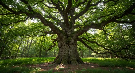 Naklejka premium Majestic old tree with lush green foliage in natural woodland environment