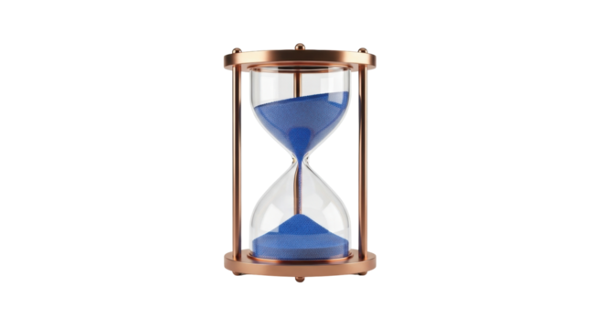 Isolated hourglass filled with blue sand against a neutral backdrop, representing time ticking
