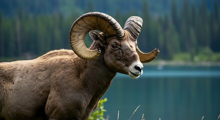 Majestic ram displaying large curved horns near a lake and forest environment