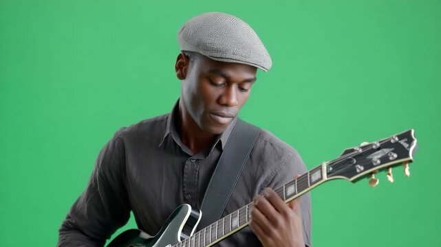 Soulful Melody: A musician, immersed in his craft, plays a six-string guitar with focused intensity against a vibrant backdrop, sharing his passion.