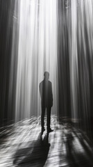 Obraz premium Hyperrealistic image of a blurred figure crossing a beam of light creating motion effect and dramatic atmosphere symbolizing speed, mystery, and cinematic storytelling