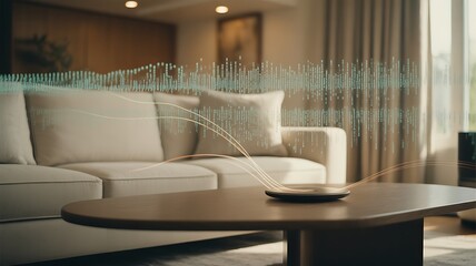 Smart home device emitting sound waves and data visualization in a modern living room