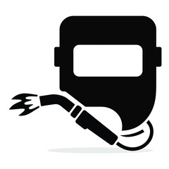 Minimalist black and white vector icon design of a welding mask and torch for industrial applications silhouette vector illustration white background