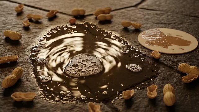 Puddle surrounded by peanuts and shells on a dark tile surface, reflections visible