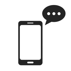 Minimalist black and white vector mobile phone icon with speech bubble for communication and messaging eps silhouette vector illustration white background
