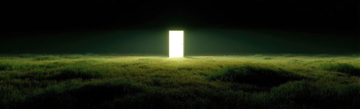 Illuminated doorway in a grassy field at night