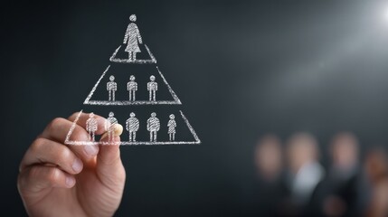 Chalk pyramid leadership woman top level team middle management employee base teamwork