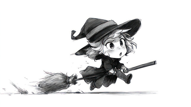 Cute chibi witch flies on a broomstick, a black and white sketch illustration