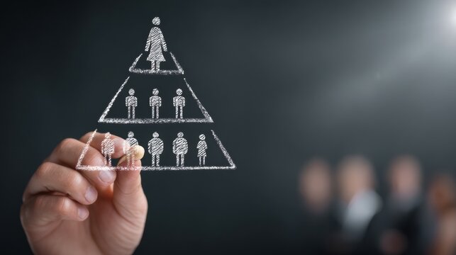 Chalk pyramid leadership woman top level team middle management employee base teamwork