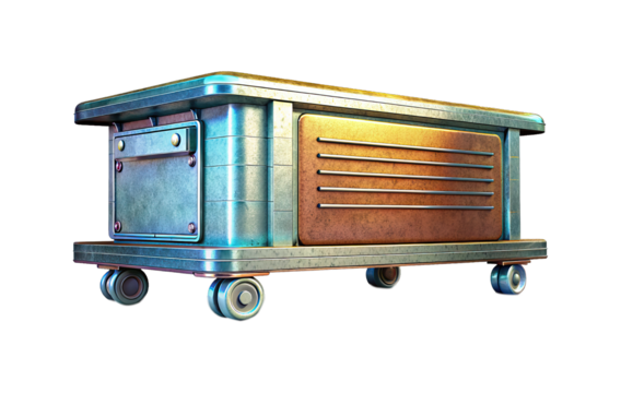 Detailed 3D render of a vintage metal storage chest with small wheels