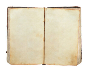 Open antique book showing blank aged pages, isolated on transparent background