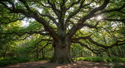Majestic tree with sprawling branches and vibrant green foliage against sunlight
