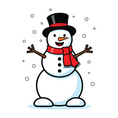 A cheerful snowman with a red scarf and black hat stands happily in the falling snow during winter