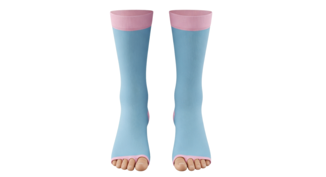 Isolated open-toe socks in light blue and pink for feet, healthcare and recovery use
