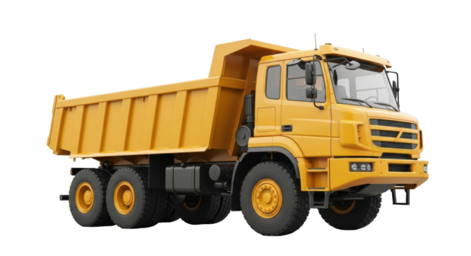 Isolated yellow heavy dump truck, industrial vehicle, construction equipment on the move