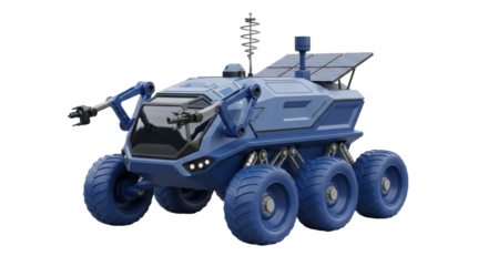 Isolated rover vehicle with robotic arm and antenna ready for exploration, discovery mission