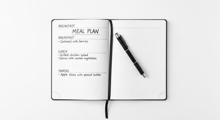Meal planning notebook healthy eating diet plan food journal recipe book weekly menu organizer pen on table